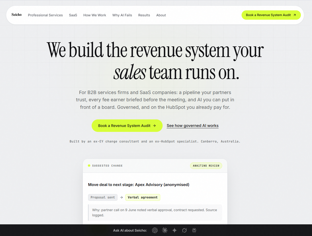 Seicho website: we build the revenue system your sales team runs on